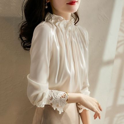 White autumn shirt, fashionable top, long-sleeve, 2024 years, western style