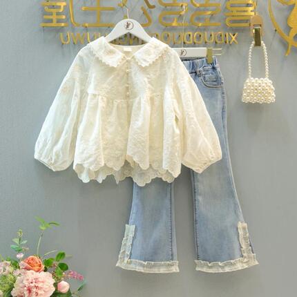 Shirt, jeans, trousers, cute fashionable set, suitable for teen, western style, long sleeve