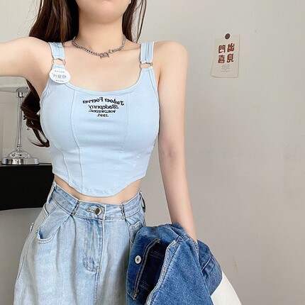 Ring with letters, top with cups, breast tightener, short bra top, for small vest, beautiful back